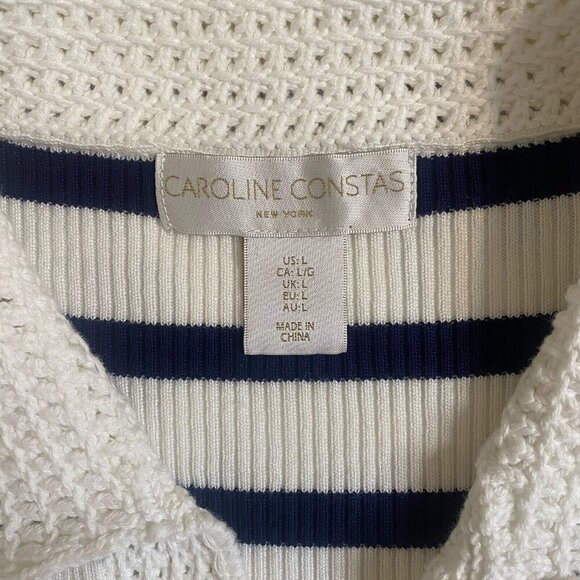 $695 CAROLINE CONSTAS Knit Stretch Midi Dress Striped White/Navy Bodycon L - Picture 7 of 11